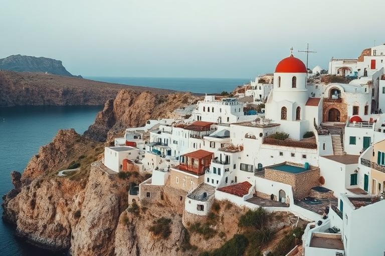 Whitewashed Greek village above the Aegean sea