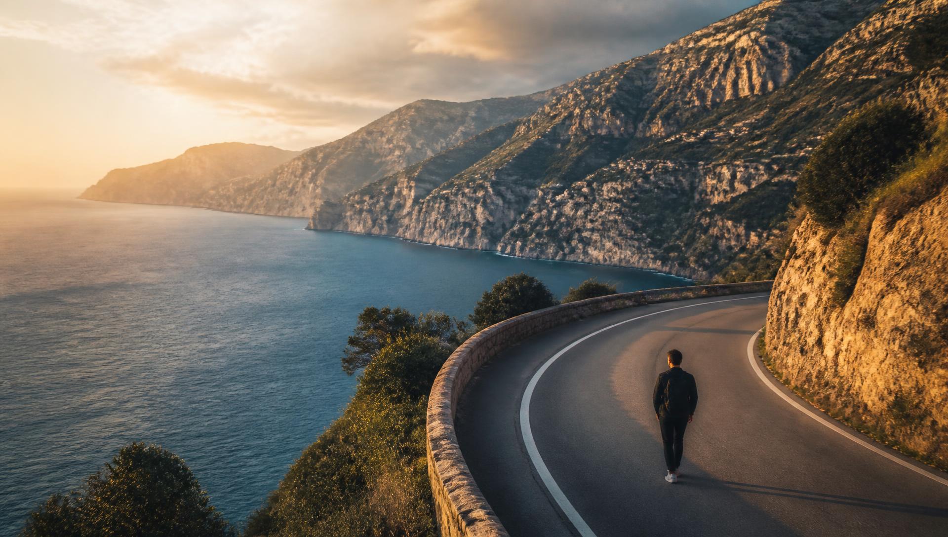 Traveler walking a coastal mountain road above the sea at golden hour
